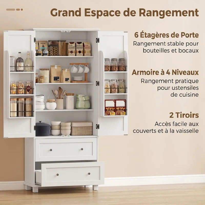 Buffet haut cuisine 80 x 39,5 x 184,5 cm étagères réglables tiroirs très spacieux rustique finition mate en MDF blanc 21_0003409