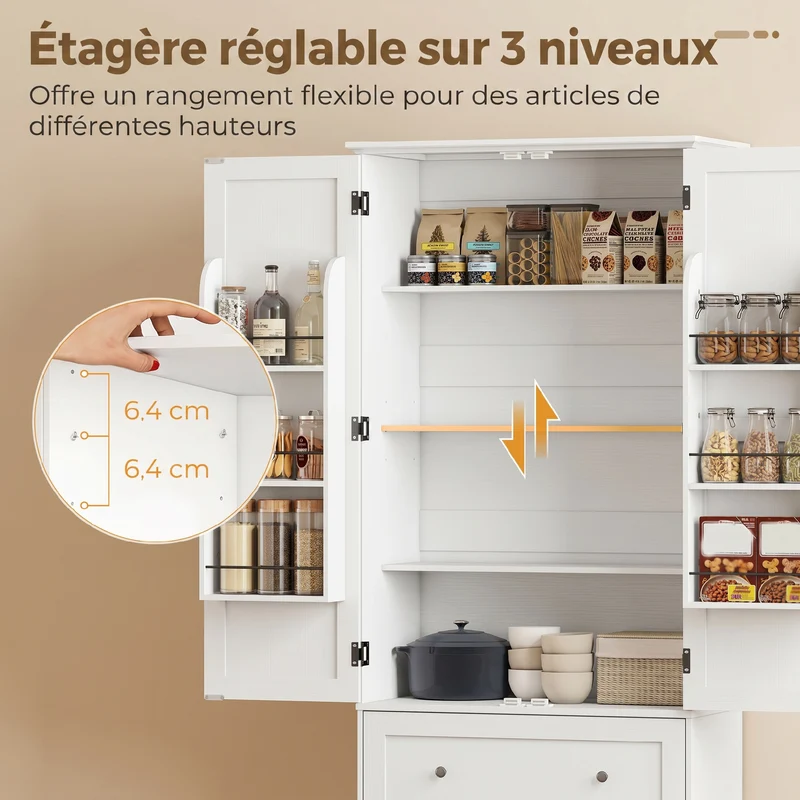 Buffet haut cuisine 80 x 39,5 x 184,5 cm étagères réglables tiroirs très spacieux rustique finition mate en MDF blanc 21_0003409