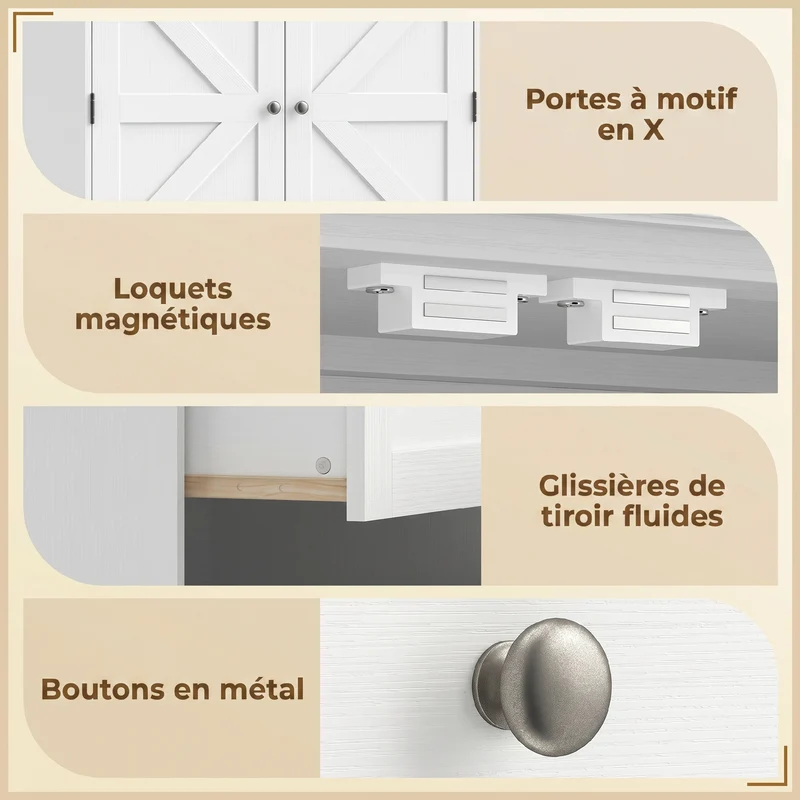 Buffet haut cuisine 80 x 39,5 x 184,5 cm étagères réglables tiroirs très spacieux rustique finition mate en MDF blanc 21_0003409