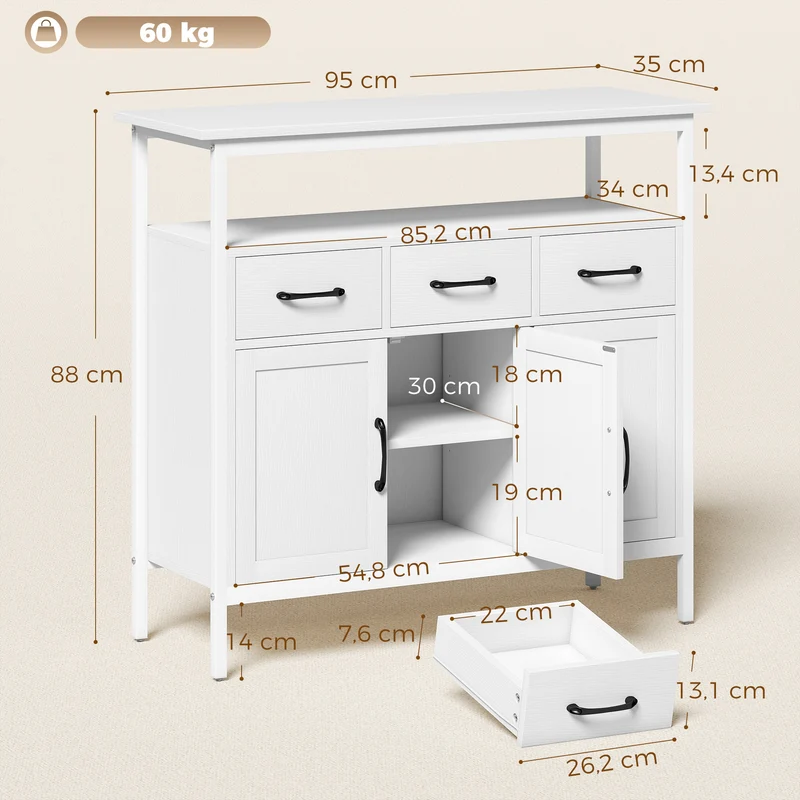 Buffet de cuisine 3 portes 3 tiroirs 95 x 35 x 88 cm rangement modulable moderne épuré en panneaux de particules blanc 21_0003394