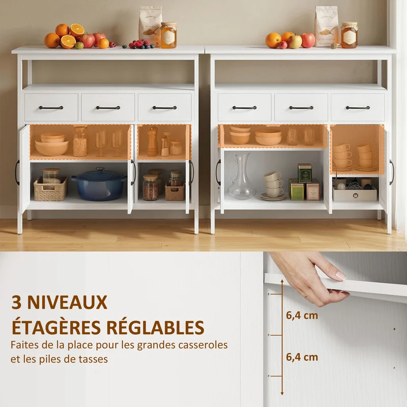 Buffet de cuisine 3 portes 3 tiroirs 95 x 35 x 88 cm rangement modulable moderne épuré en panneaux de particules blanc 21_0003394