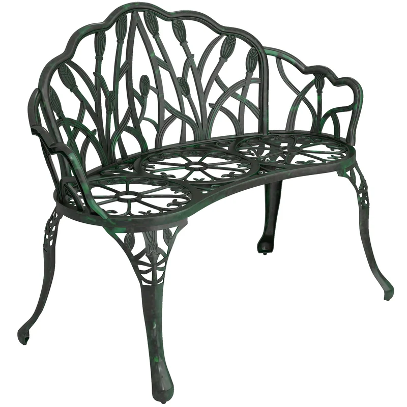 Banc de jardin 2 places extérieur 99 x 57 x 78 cm dossier tulipe antirouille décoratif vintage en aluminium vert antique 21_0005379