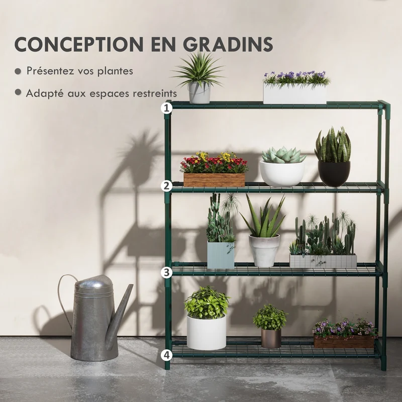 Étagère porte-plantes 4 niveaux pour intérieur et extérieur 89 x 28 x 107 cm stable compact moderne en acier vert foncé 21_0005435