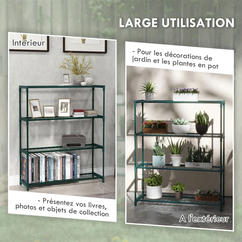Étagère porte-plantes 4 niveaux pour intérieur et extérieur 89 x 28 x 107 cm stable compact moderne en acier vert foncé 21_0005435