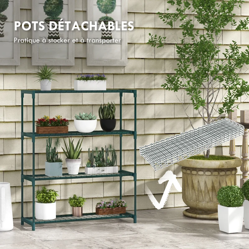 Étagère porte-plantes 4 niveaux pour intérieur et extérieur 89 x 28 x 107 cm stable compact moderne en acier vert foncé 21_0005435