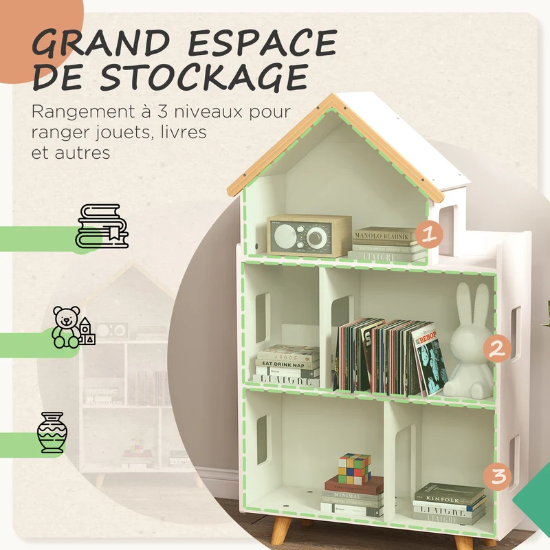 Étagère de rangement maison pour enfant 5 casiers 65 x 25 x 108.5 cm compacte et sûre style scandinave en MDF blanc 21_0000150