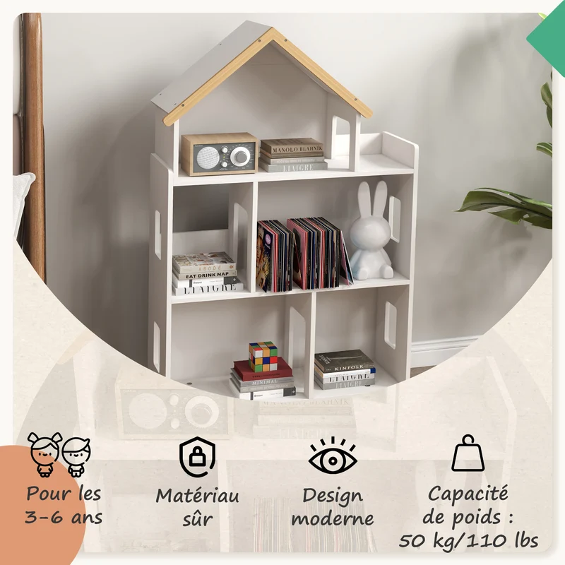 Étagère de rangement maison pour enfant 5 casiers 65 x 25 x 108.5 cm compacte et sûre style scandinave en MDF blanc 21_0000150