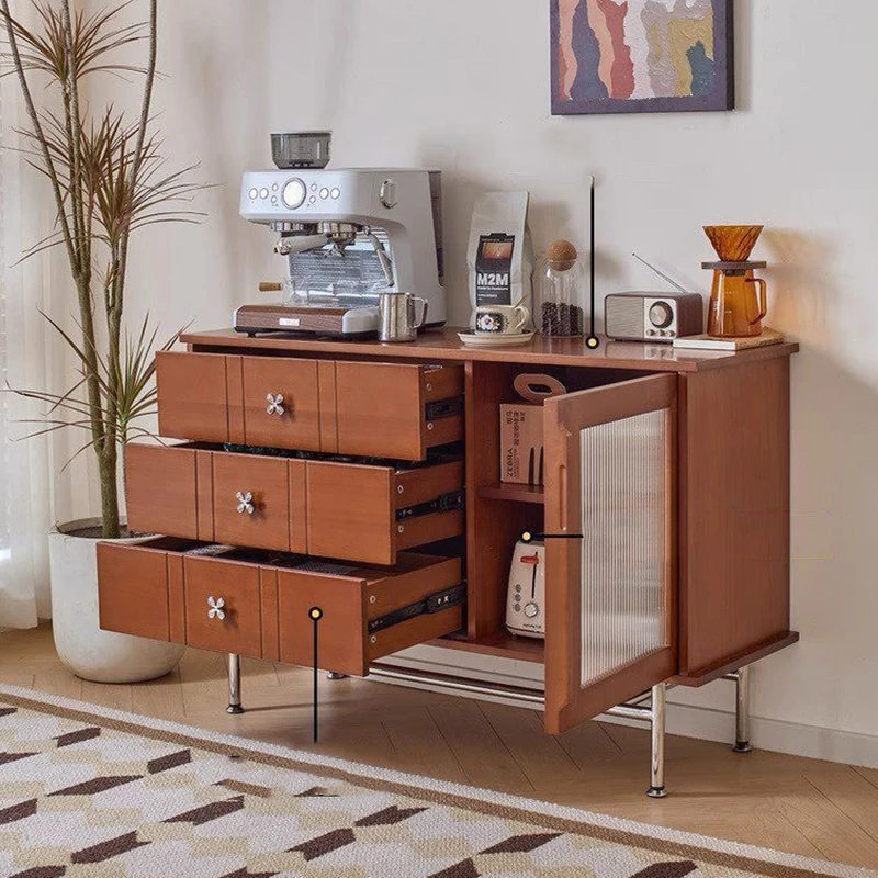 Contemporary Retro Rectangular Pine Wood Boxwood Plywood Stainless Steel Glass Storage Sideboard Cabinet 3-Drawer For Living Room
