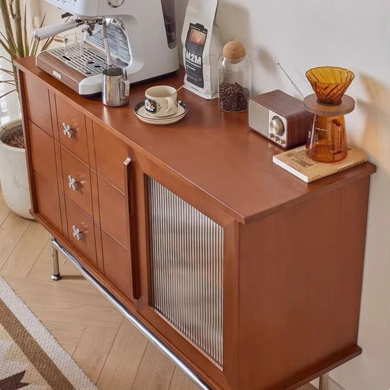 Contemporary Retro Rectangular Pine Wood Boxwood Plywood Stainless Steel Glass Storage Sideboard Cabinet 3-Drawer For Living Room