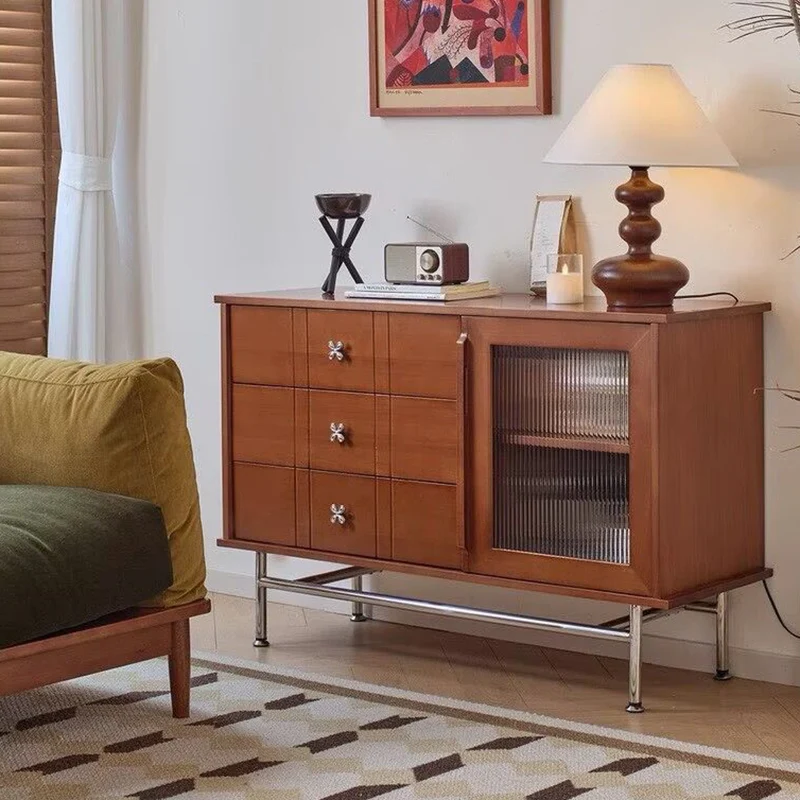 Contemporary Retro Rectangular Pine Wood Boxwood Plywood Stainless Steel Glass Storage Sideboard Cabinet 3-Drawer For Living Room