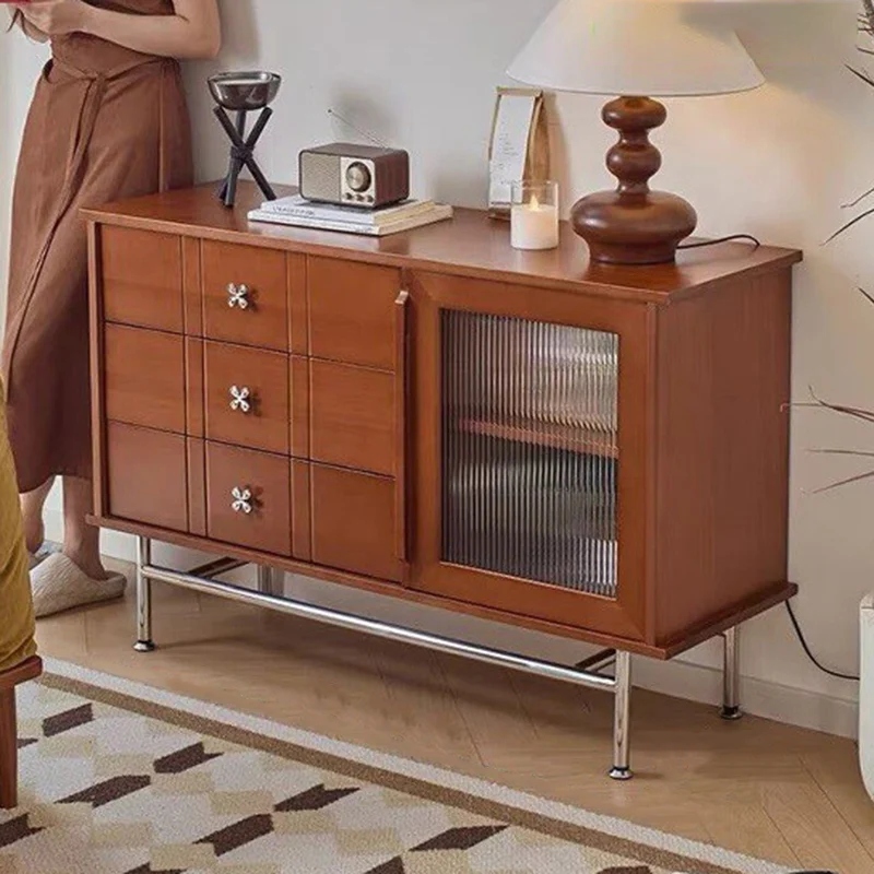 Contemporary Retro Rectangular Pine Wood Boxwood Plywood Stainless Steel Glass Storage Sideboard Cabinet 3-Drawer For Living Room