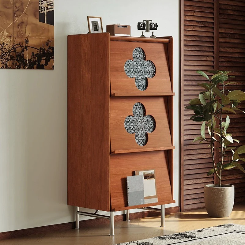 Traditional Vintage Rectangular Rubberwood Pine Wood Solid Wood Multi-Layer Board Stainless Steel Glass Storage Cabinet 3-Cabinet For Living Room