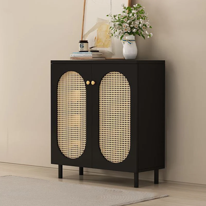 Modern Minimalist Rectangular Rattan Glass MDF Eco Board Weaving Shoe Storage 4-Tier For Entryways