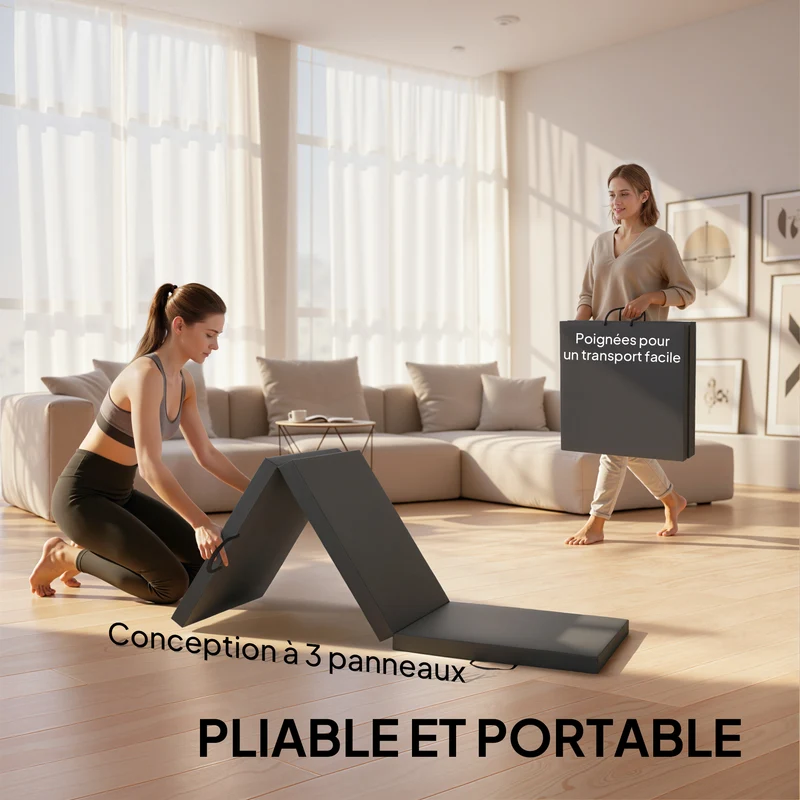 Tapis de gymnastique pliable 3 panneaux 180 x 60 x 5 cm antidérapant épuré contemporain en polyéthylène expansé gris 21_0006597