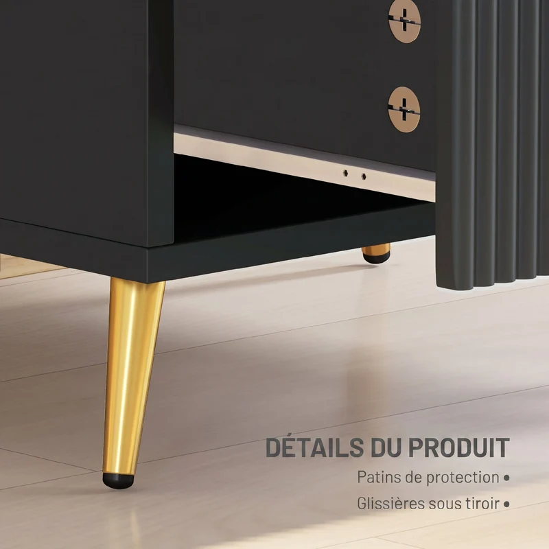 Table de chevet 50 x 40 x 50 cm avec 2 tiroirs rainurés rangement sécurisé anti-basculement moderne épuré en MDF noir 21_0001640