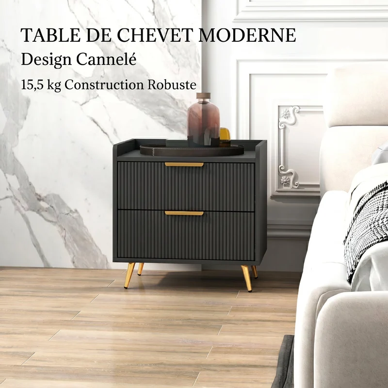 Table de chevet 50 x 40 x 50 cm avec 2 tiroirs rainurés rangement sécurisé anti-basculement moderne épuré en MDF noir 21_0001640