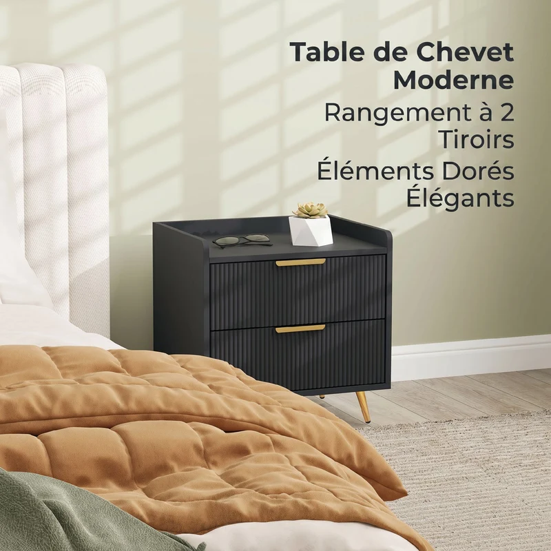 Table de chevet 50 x 40 x 50 cm avec 2 tiroirs rainurés rangement sécurisé anti-basculement moderne épuré en MDF noir 21_0001640