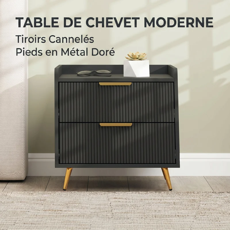 Table de chevet 50 x 40 x 50 cm avec 2 tiroirs rainurés rangement sécurisé anti-basculement moderne épuré en MDF noir 21_0001640