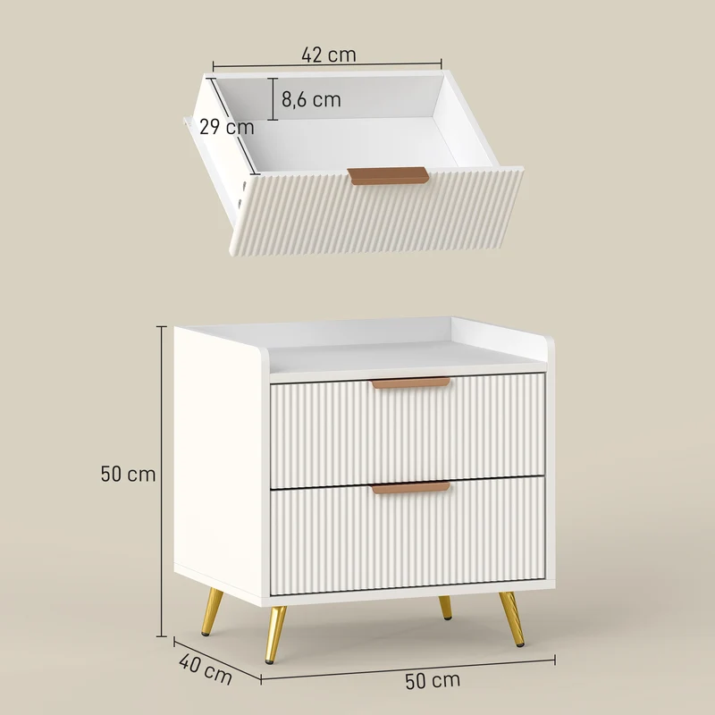 Table de chevet 2 tiroirs rainurés pieds stables 50 x 40 x 50 cm rangement pratique style contemporain en MDF blanc 21_0001641