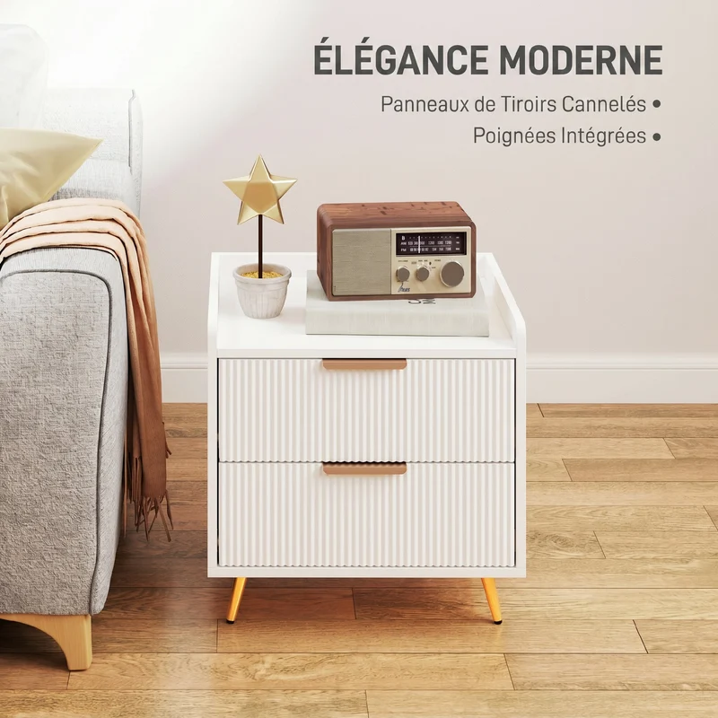 Table de chevet 2 tiroirs rainurés pieds stables 50 x 40 x 50 cm rangement pratique style contemporain en MDF blanc 21_0001641