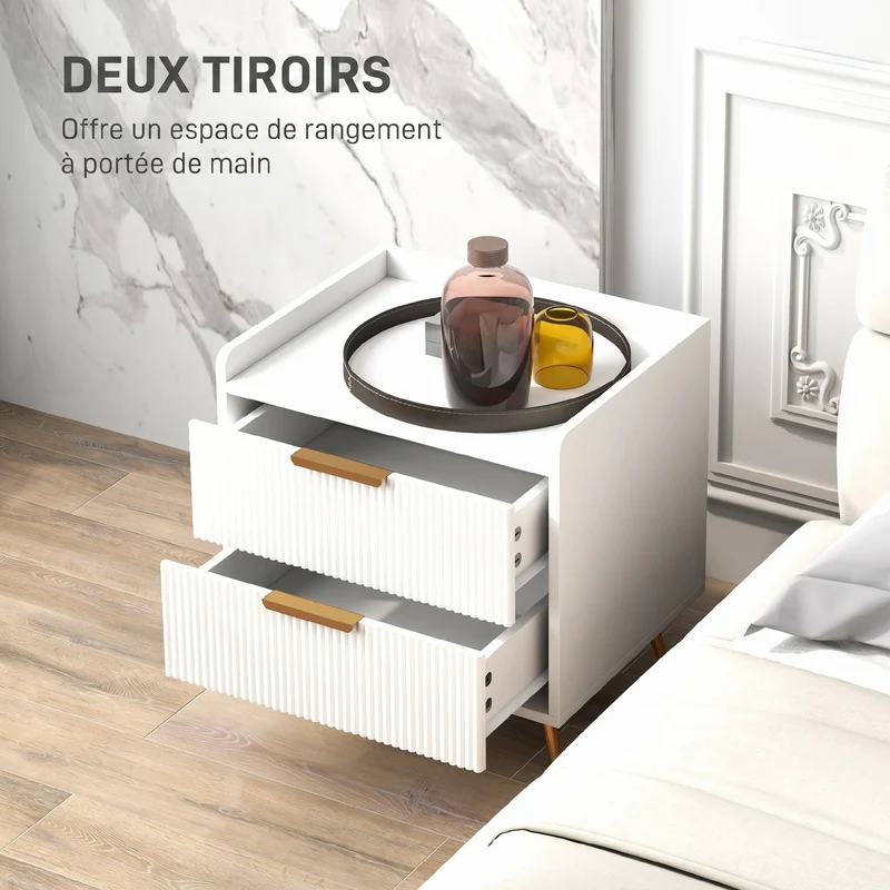 Table de chevet 2 tiroirs rainurés pieds stables 50 x 40 x 50 cm rangement pratique style contemporain en MDF blanc 21_0001641