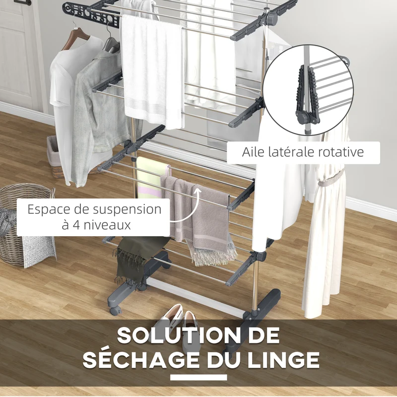 Séchoir à linge pliable ailes latérales 142 x 55 x 172 cm à roulettes gain de place moderne en acier inoxydable gris 21_0005857