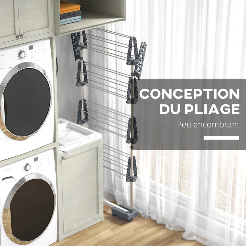 Séchoir à linge pliable ailes latérales 142 x 55 x 172 cm à roulettes gain de place moderne en acier inoxydable gris 21_0005857
