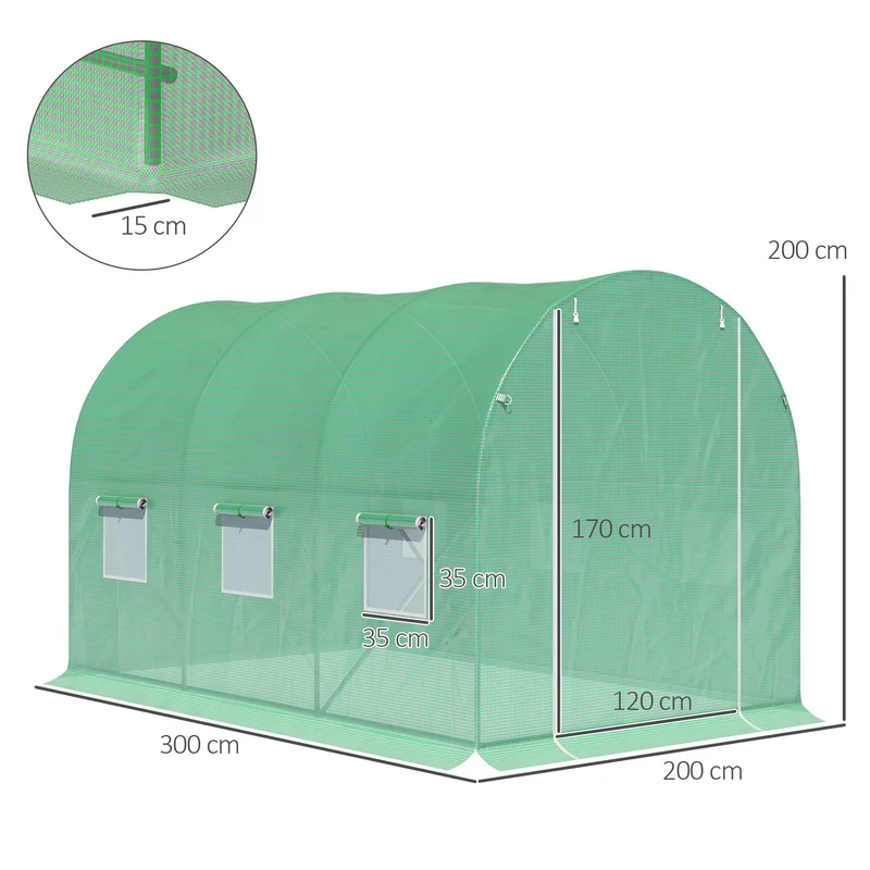 Serre de jardin tunnel 298 x 196 x 198 cm protection intempéries et oiseaux aération porte zippée moderne en métal vert 21_0004071