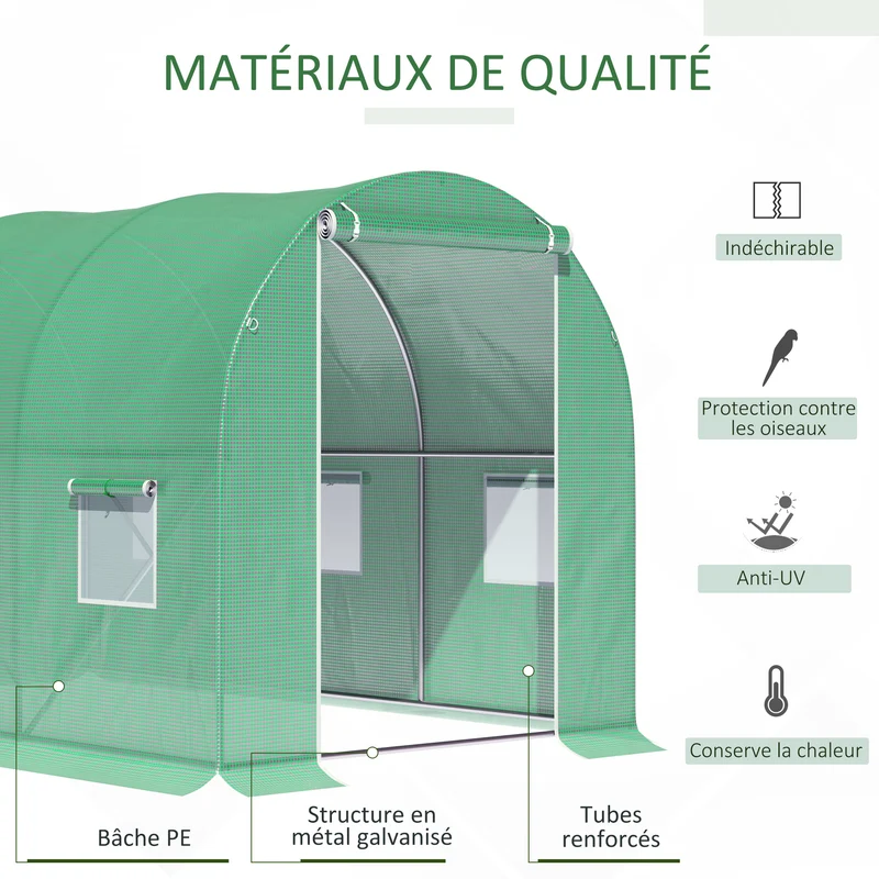 Serre de jardin tunnel 298 x 196 x 198 cm protection intempéries et oiseaux aération porte zippée moderne en métal vert 21_0004071