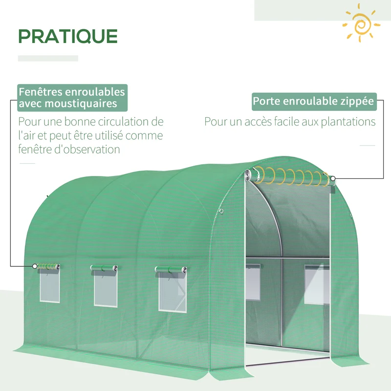 Serre de jardin tunnel 298 x 196 x 198 cm protection intempéries et oiseaux aération porte zippée moderne en métal vert 21_0004071