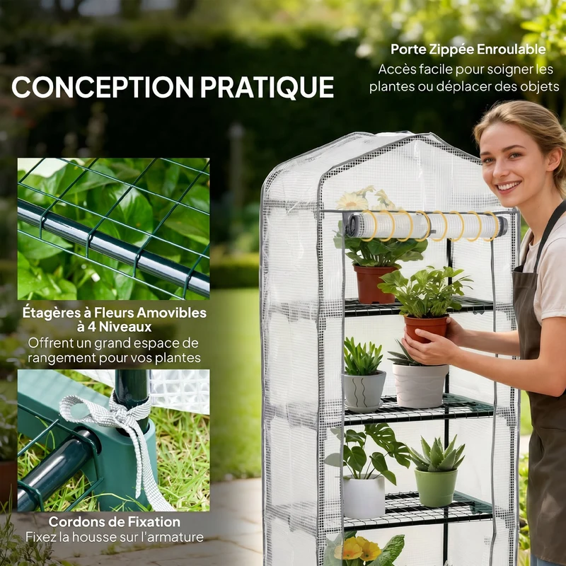 Serre de jardin 70 x 50 x 160 cm protection contre intempéries et insectes 4 étagères moderne résistante en acier blanc 21_0004094