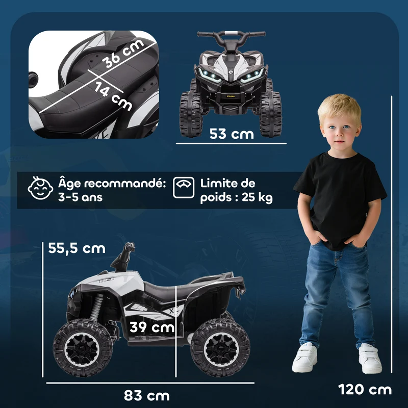 Quad buggy électrique enfant 3-5 ans 83 x 53 x 55.5 cm siège ergonomique suspension tout-terrain moderne en PP noir 21_0000522