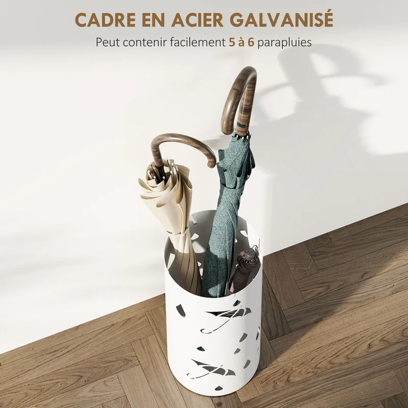 Porte parapluie cylindrique couloir 17 x 41 cm bac amovible pour 2 grands et 4 petits épuré en acier galvanisé blanc 21_0002699