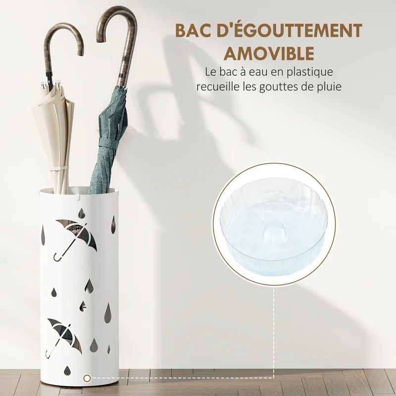 Porte parapluie cylindrique couloir 17 x 41 cm bac amovible pour 2 grands et 4 petits épuré en acier galvanisé blanc 21_0002699