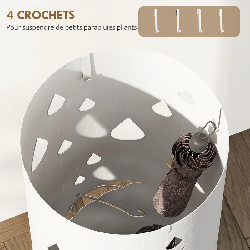 Porte parapluie cylindrique couloir 17 x 41 cm bac amovible pour 2 grands et 4 petits épuré en acier galvanisé blanc 21_0002699