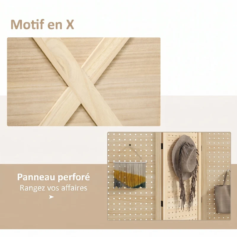 Paravent intérieur 3 panneaux séparateur de pièce 114 x 1.7 x 144.5 cm intimité modulable scandinave en bois naturel 21_0001297