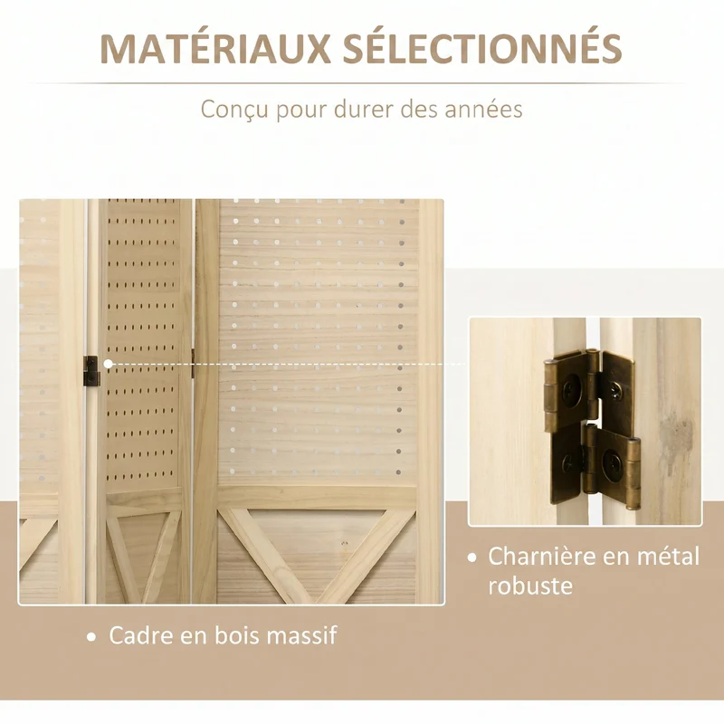 Paravent intérieur 3 panneaux séparateur de pièce 114 x 1.7 x 144.5 cm intimité modulable scandinave en bois naturel 21_0001297