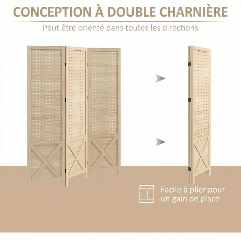 Paravent intérieur 3 panneaux séparateur de pièce 114 x 1.7 x 144.5 cm intimité modulable scandinave en bois naturel 21_0001297