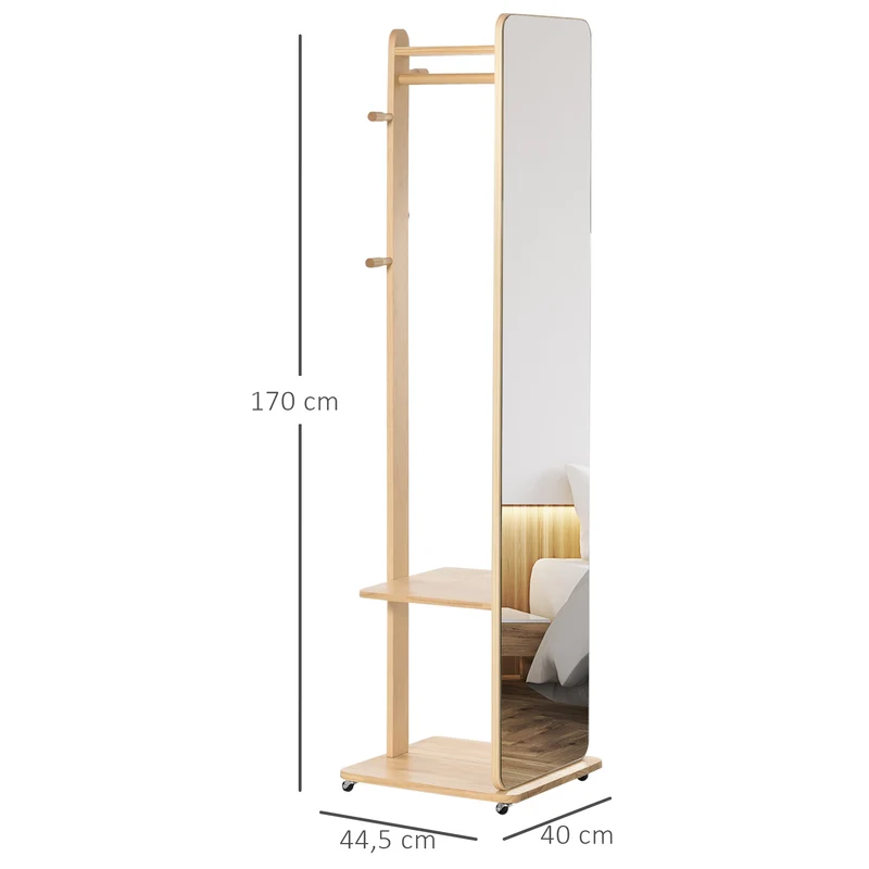 Miroir sur pied portant 40 x 44.5 x 170 cm étagère 4 patères roulettes gain de place style scandinave en MDF bois clair 21_0001477