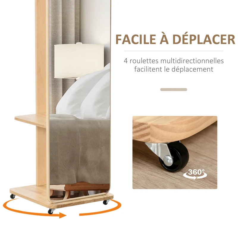 Miroir sur pied portant 40 x 44.5 x 170 cm étagère 4 patères roulettes gain de place style scandinave en MDF bois clair 21_0001477