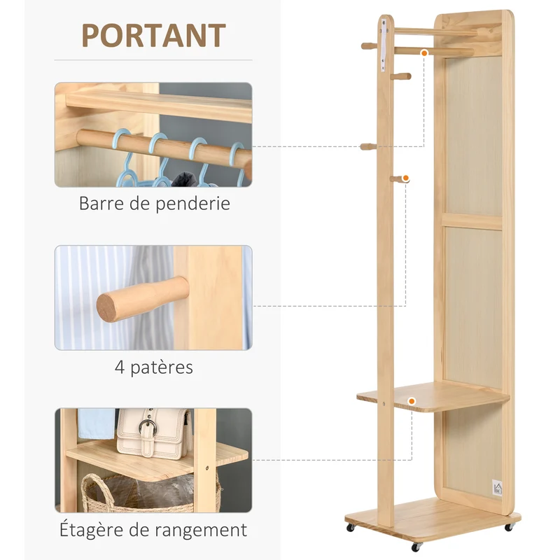 Miroir sur pied portant 40 x 44.5 x 170 cm étagère 4 patères roulettes gain de place style scandinave en MDF bois clair 21_0001477