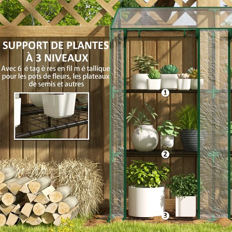 Mini serre de jardin 3 niveaux 143 x 46 x 151 cm protection intempéries montage facile moderne en acier transparent 21_0005434