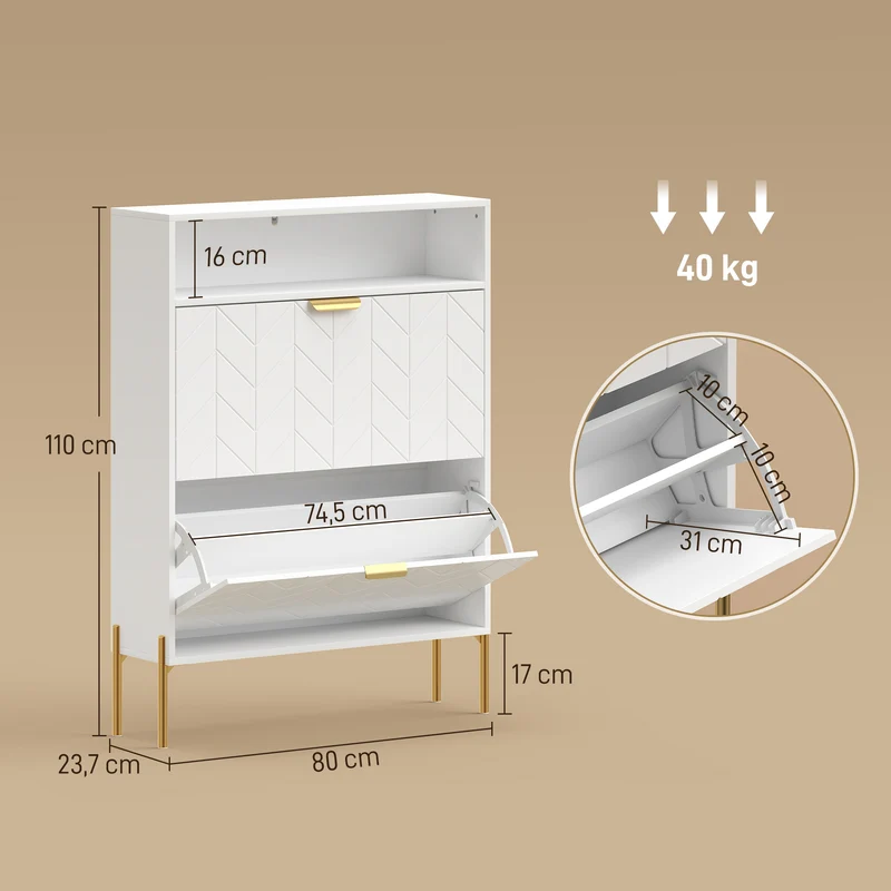 Meuble à chaussures étroit entrée 80 x 23,7 x 110 cm rangement 16 paires tiroirs basculants moderne épuré en MDF blanc 21_0002800