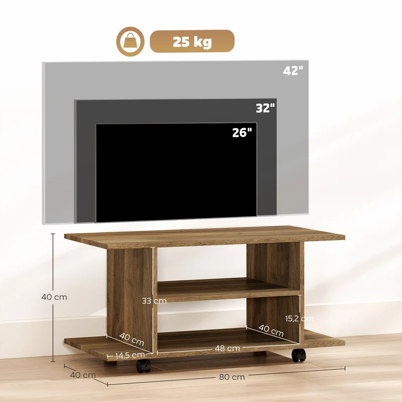 Meuble télévision sur roulettes rangement 80 x 40 x 40 cm gain de place et mobilité design contemporain en mélamine noyer 21_0003436