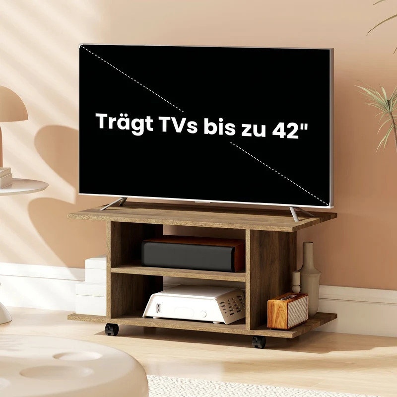 Meuble télévision sur roulettes rangement 80 x 40 x 40 cm gain de place et mobilité design contemporain en mélamine noyer 21_0003436