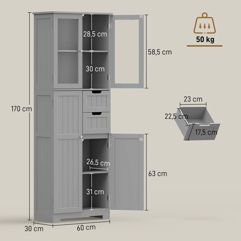 Meuble haut de salle de bain 60 x 30 x 170 cm étagères réglables 4 portes 2 vitrées 2 tiroirs moderne cosy en MDF gris 21_0002031