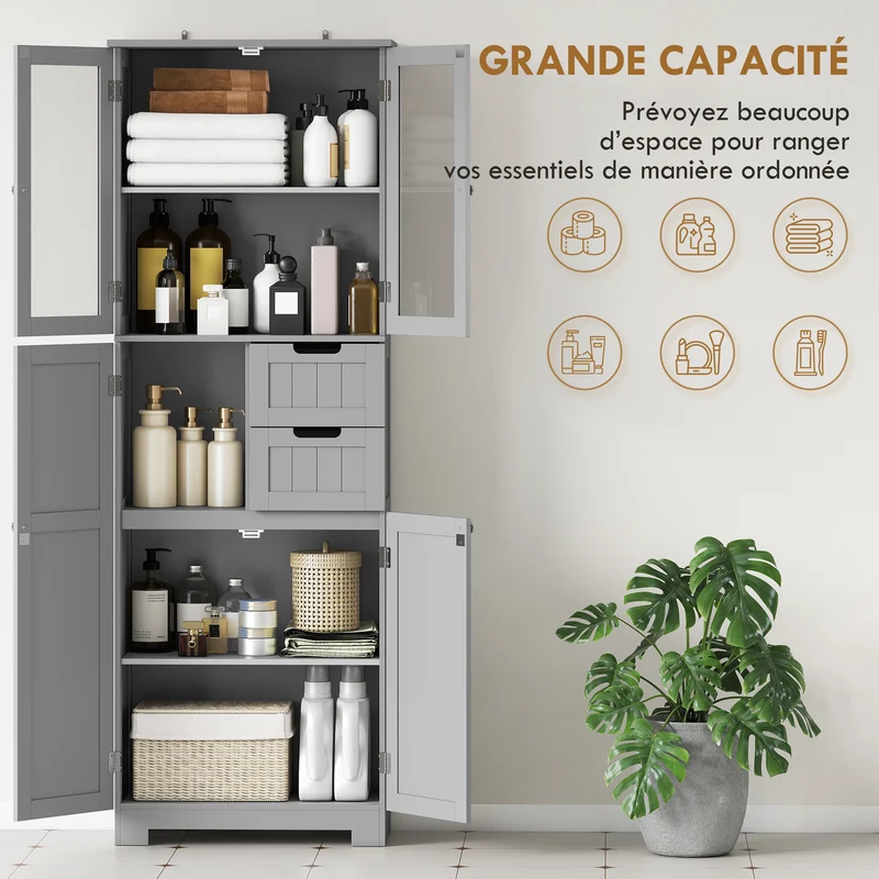 Meuble haut de salle de bain 60 x 30 x 170 cm étagères réglables 4 portes 2 vitrées 2 tiroirs moderne cosy en MDF gris 21_0002031