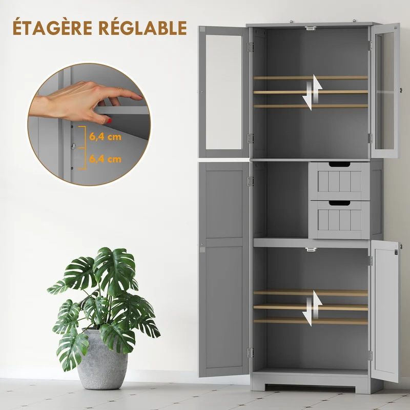 Meuble haut de salle de bain 60 x 30 x 170 cm étagères réglables 4 portes 2 vitrées 2 tiroirs moderne cosy en MDF gris 21_0002031