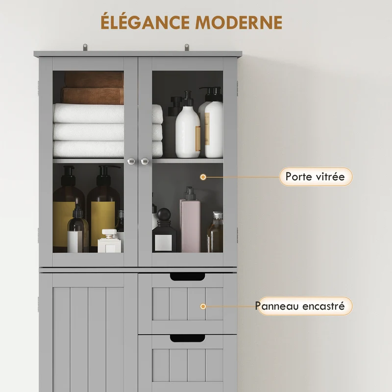 Meuble haut de salle de bain 60 x 30 x 170 cm étagères réglables 4 portes 2 vitrées 2 tiroirs moderne cosy en MDF gris 21_0002031