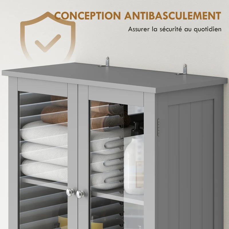 Meuble haut de salle de bain 60 x 30 x 170 cm étagères réglables 4 portes 2 vitrées 2 tiroirs moderne cosy en MDF gris 21_0002031